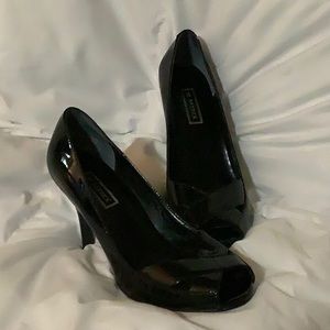 M. Patrick patent leather open toe heeled shoes